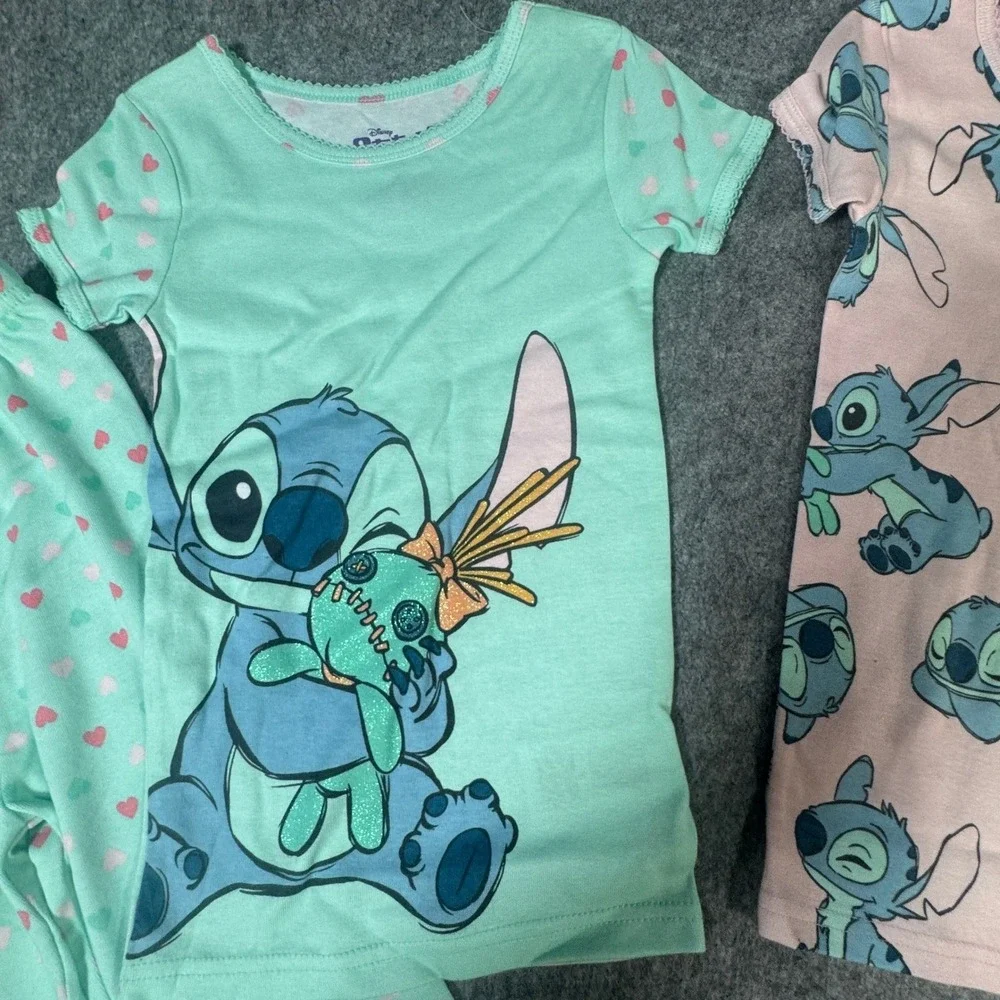 Disney Lilo & Stitch Girls 4 Piece Pajama Set Size 5 Mint Pink Cotton Snug Fit
